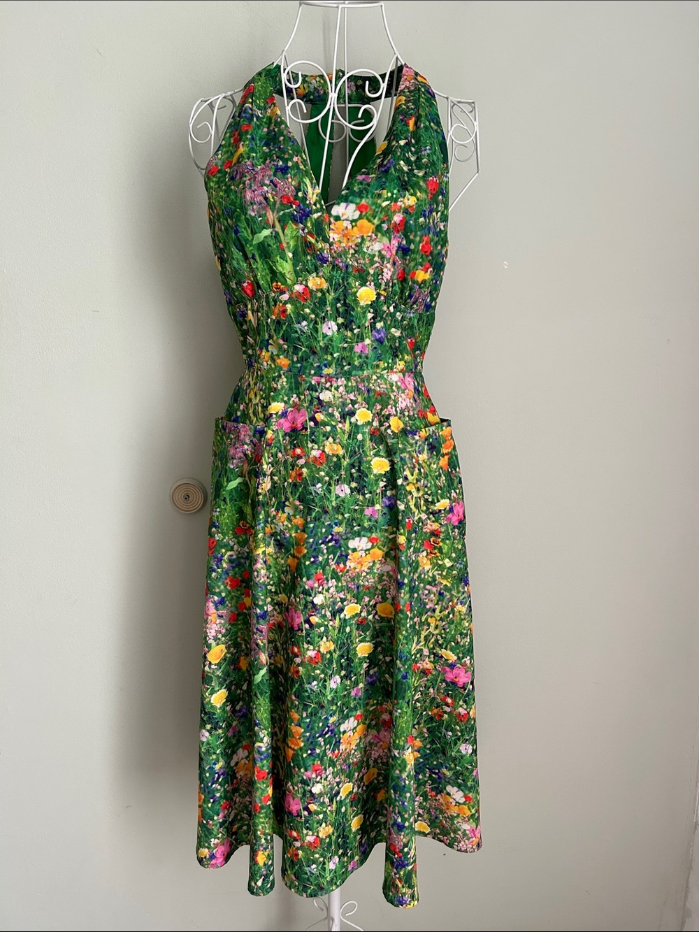Unique Vintage Green Floral One-Shoulder Midi Dress - Picture 11 of 15